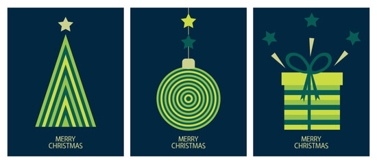 Set of Christmas cards with Christmas decoration. Winter holiday posters or banners in modern minimalist style with Christmas tree, gift box, Christmas tree decoration and stars. Vector illustration.