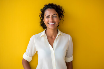 Smiling woman in white shirt standing in front of a yellow wall.