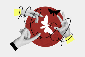 Composite collage image of hands catch butterflies night moth silhouette surrealism metaphor psychedelic