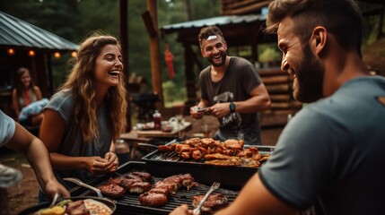 Barbecue party outdoors. People having fun on summer vacation