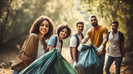 Group of volunteers collecting garbage in the forest