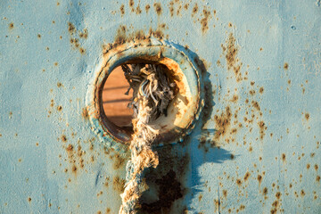Worn out old weathered ship ropes closeup