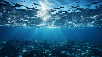 Fototapeta na wymiar Underwater view of blue ocean with sunbeams and coral reef,Generative AI