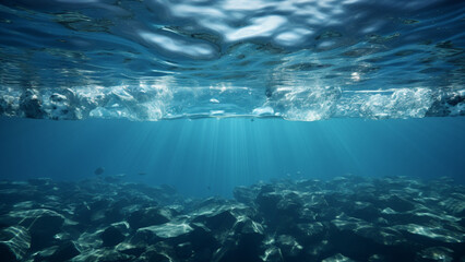 Fototapeta na wymiar Underwater view of blue ocean with sunbeams and coral reef,Generative AI
