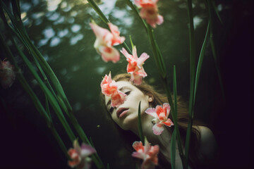 Moody photo of a sad woman underwater with pink  flowers, soft bokeh and film style 