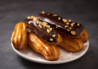 Chocolate eclairs with calamelized nuts
