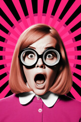A woman surprised over pink background with a pair of glasses.