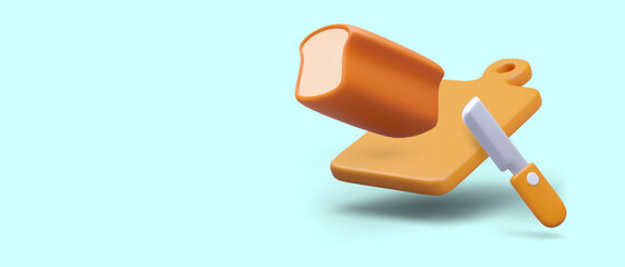 Kitchen wooden cutting board, knife, square toast bread. Realistic vector composition for grocery store, bakery. Fresh bread for sandwiches. Color template on blue background