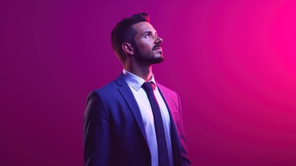 Handsome young man in suit on purple background