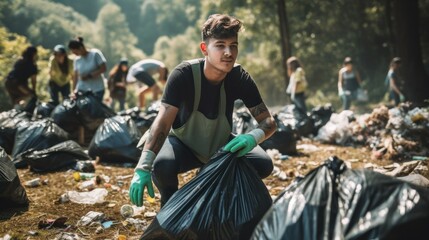 Volunteer picking up garbage in the forest, environmental pollution concept - obrazy, fototapety, plakaty