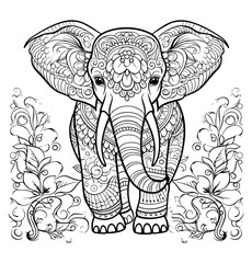 Eephant with flowers coloring - Mandala art coloring book
