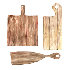 A set of kitchen wooden cutting boards in brown color. Isolated on a white background. Hand-drawn watercolor illustration. Scandinavian-style set design for restaurant menus, posters, postcards.