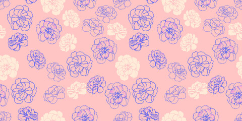 Creative, stylized, simple flowers buttercups, pansies seamless pattern on a light background. Vector hand drawn sketch. Abstract shape, lines, and silhouettes floral. Design for fabric, fashion