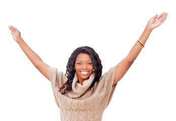 Black woman, happy and arms stretching in studio portrait with success, celebration or goal by white background. African girl, smile and winner with cheers for fashion, achievement and hands in air - Powered by Adobe