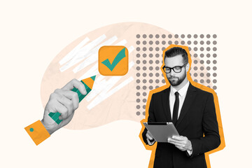 Creative abstract template collage of hold tablet check mark to do list busy manager chief hand hold pencil surrealism metaphor psychedelic