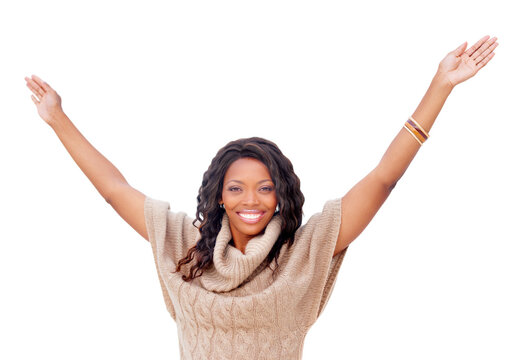 Black woman, happy and arms stretching in studio portrait with success, celebration or goal by white background. African girl, smile and winner with cheers for fashion, achievement and hands in air