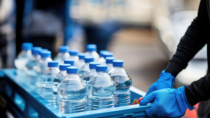 Worker in gloves restocks water during a shortage, emphasising the value of clean water concept