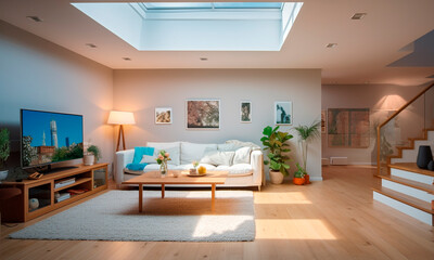 Modern living room with skylight and natural light, in light colors