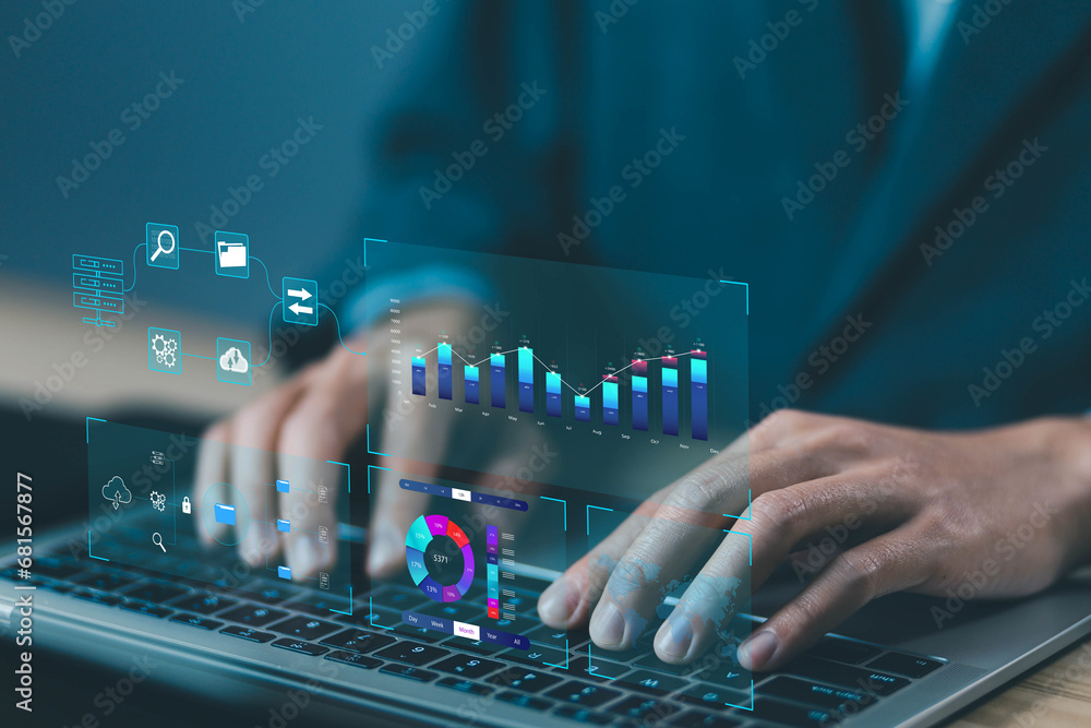 Aufkleber analyst manages the system database and shows a dashboard chart on the computer. concept analysis data plan, analytics business, and report. research on platform digital technology