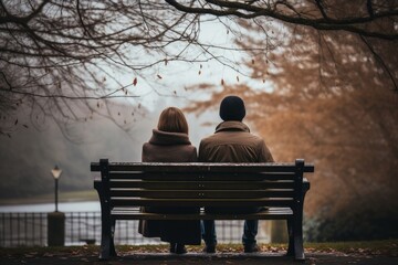 Photo from behind of a couple sitting together on a park bench. Generative AI