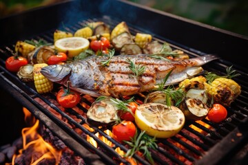 Appetizing grilled fish with grilled vegetables