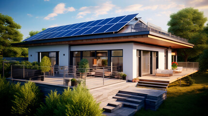 House with solar panels on the roof with a balcony and terrace in a well-kept garden