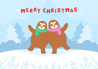 Christmas card with sloth couple, Merry Christmas and New Year