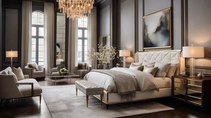 Luxury bedroom with large windows and crystal chandelier