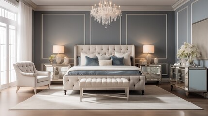Sophisticated bedroom with blue wall and crystal chandelier