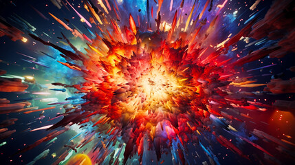 Beautiful anime style space supernova explosion background, scenic cartoon blast with fire and particles - obrazy, fototapety, plakaty