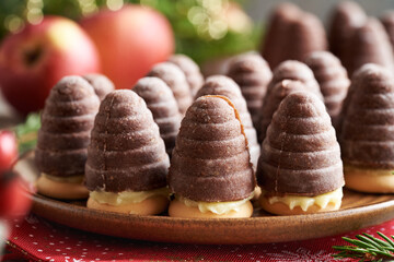 Closeup of beehives or wasp nests - traditional Czech Christmas cookies filled with eggnog cream