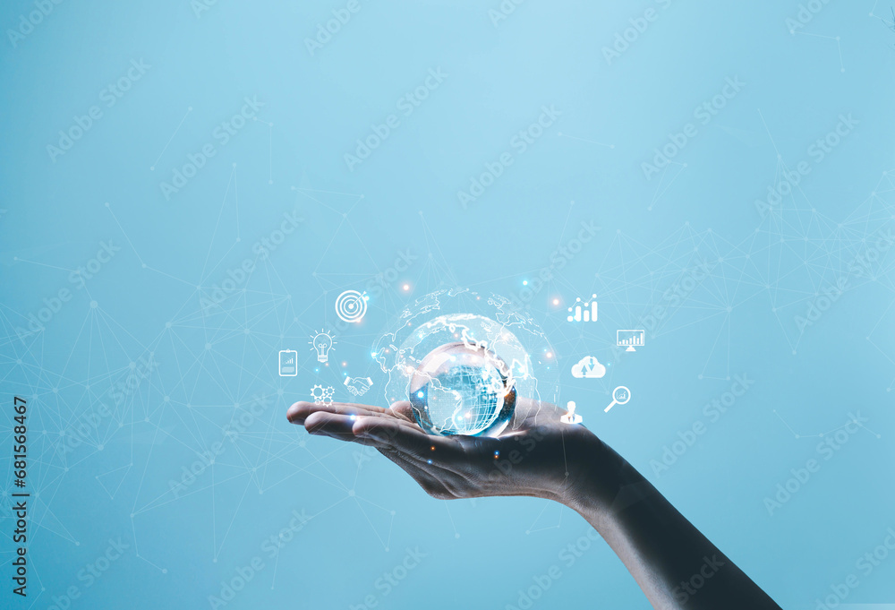 Poster hand shows the globe. concept of global internet connection big data digital link technology, and bu