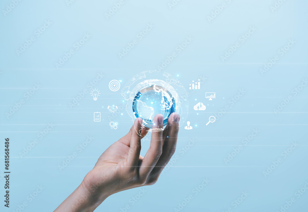 Poster hand shows the globe. concept of global internet connection big data digital link technology, and bu