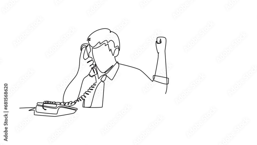 Aufkleber animated self drawing of continuous line draw of young bored male worker receiving phone call from c