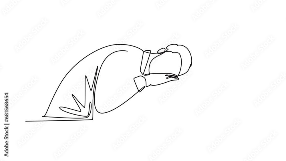 Poster animated self drawing of continuous line draw of young sleepy male worker fall asleep on laptop whil