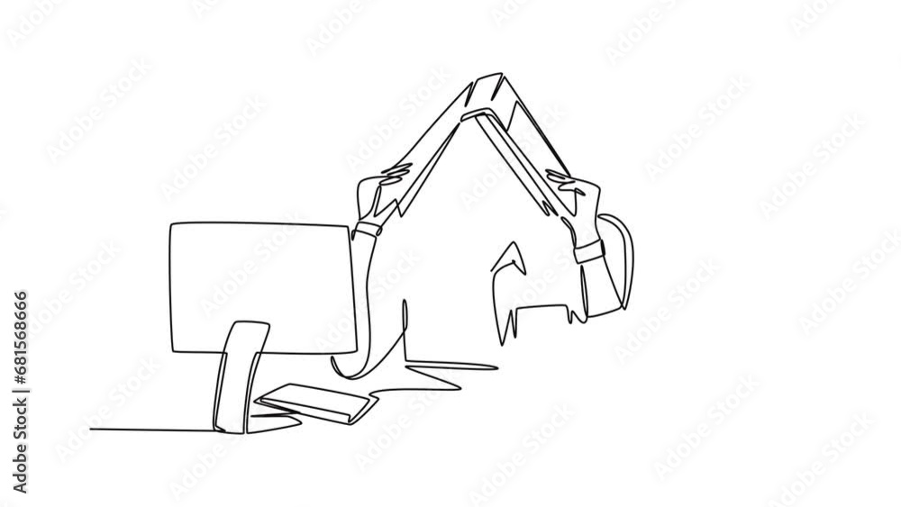 Aufkleber animated self drawing of continuous line draw of young depression female employee sitting in front o