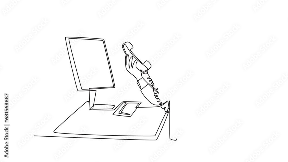 Poster animated self drawing of continuous line draw young angry worker mad at phone call beside pile of pa