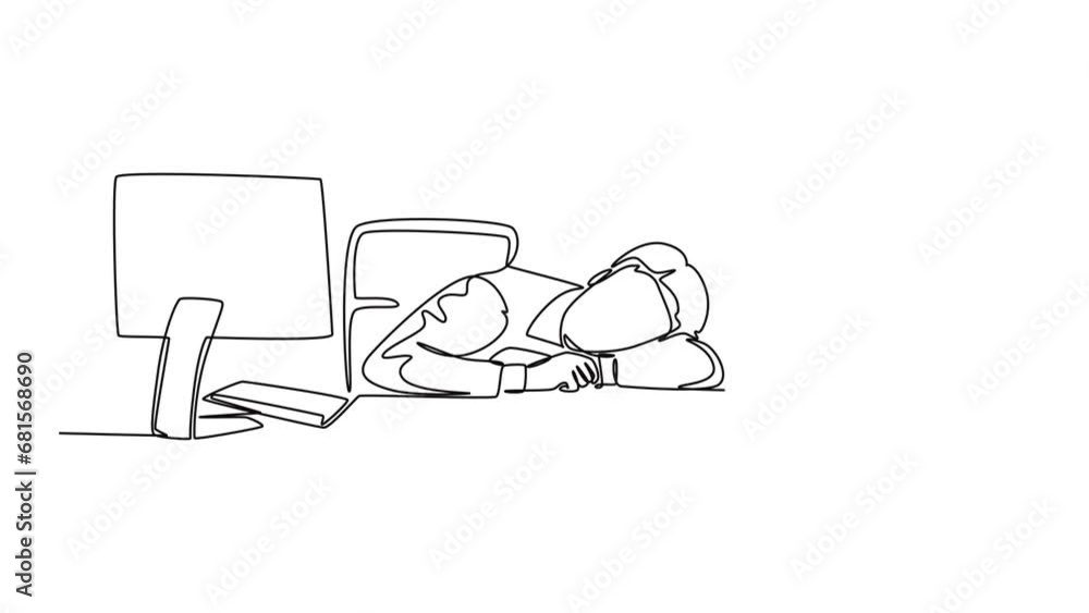 Aufkleber animated self drawing of continuous line draw of young sleepy startup ceo fall asleep on work desk w