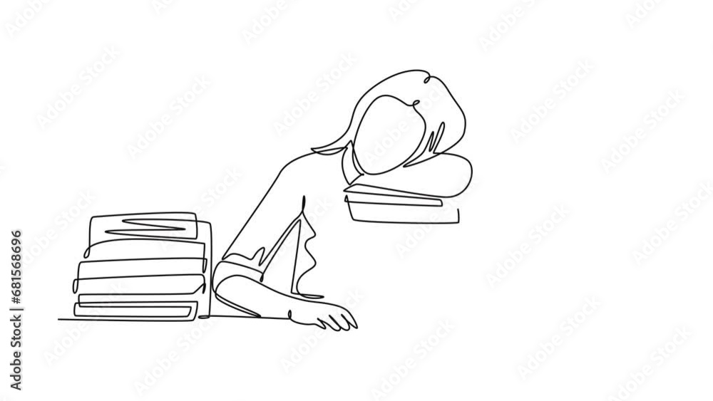 Poster animated self drawing of continuous line draw young bored female college student fall asleep on pile