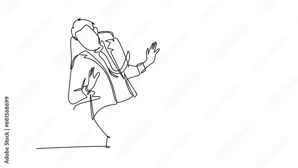 Aufkleber animated self drawing of continuous line draw of young frightened businessman keep of himself from m