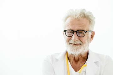 happy smiling  senior scientist elderly doctor feel cute smile curious face isolation on white background. - obrazy, fototapety, plakaty