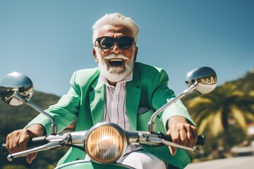 Happy smiling stylish elderly man in green jacket and sunglasses on moped