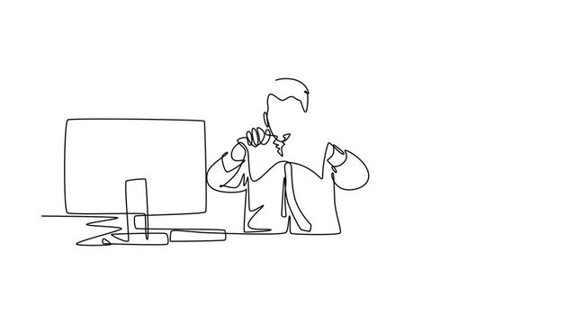 Animated self drawing of continuous line draw of young mad stressful businessman tearing paper in his work computer desk at his office. Business project failure concept. Full length one line animation