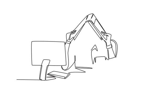 Animated self drawing of continuous line draw of young depression female employee sitting in front of computer and stack of papers and covered her head with folder. Full length single line animation