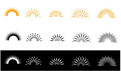 Tuinposter Half sunburst frame set. Linear sunrise and sunset symbols collection. Radial sunshine light rays pack. Retro sunbeam shapes. Design elements for logo, label, badge, poster. Vector bundle © SANJIB BISWAS 