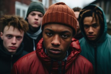 A group of young serious teenagers from a hip hop gang in a lightly day street - obrazy, fototapety, plakaty