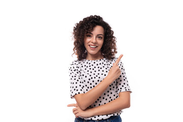 young smart caucasian woman with curly perm hair on a white background