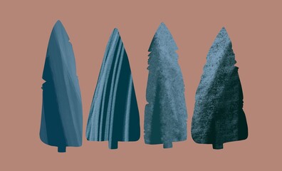A set of four winter green fir trees with a picturesque texture on a dark pink background. Stylized decorative silhouettes of coniferous trees, elements of architectural surroundings.