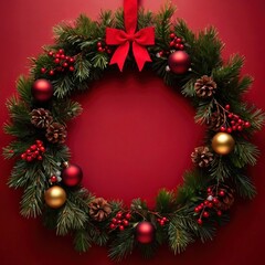 Fototapeta na wymiar Christmas wreath, traditional seasonal holiday decoration, hung on wall or door