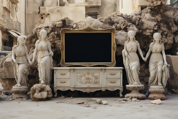 Mockup of a TV set in a golden frame on an ancient street surrounded by ancient statues and a broken stone wall